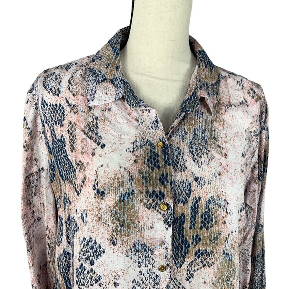Como Vintage Slinky Snake Print Top 1/2 Button Hip Flare Tab Roll Sleeve Sz XL - Picture 3 of 10